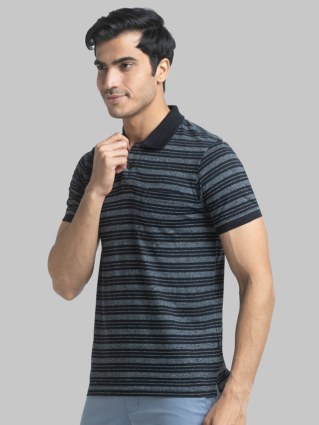 Parx Men Black Yarn Dyed Regular Fit Half Sleeve Polo Neck T-Shirt