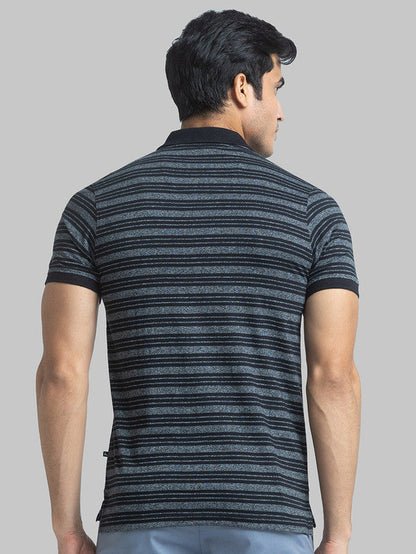 Parx Men Black Yarn Dyed Regular Fit Half Sleeve Polo Neck T-Shirt