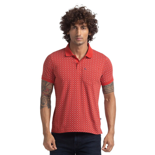 Men Red Regular Fit Print Cotton Round Neck Collar Polo T-Shirt