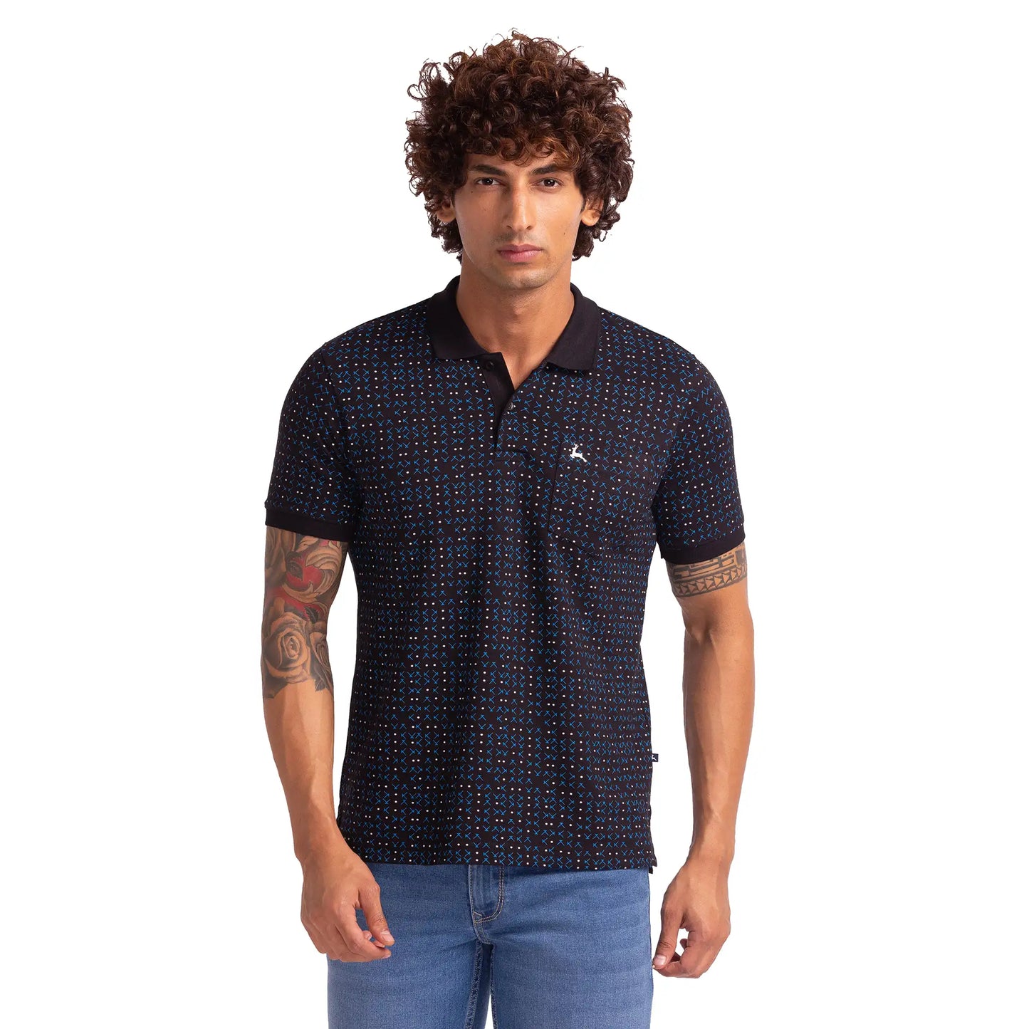 Men Black Regular Fit Print Polyester Blend Round Neck Collar Polo T-Shirt