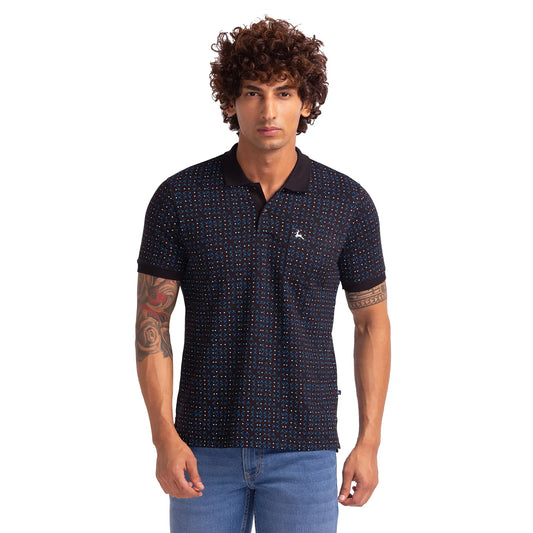 Men Black Regular Fit Print Polyester Blend Round Neck Collar Polo T-Shirt
