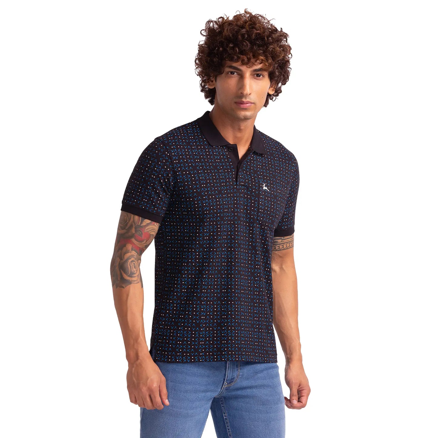 Men Black Regular Fit Print Polyester Blend Round Neck Collar Polo T-Shirt