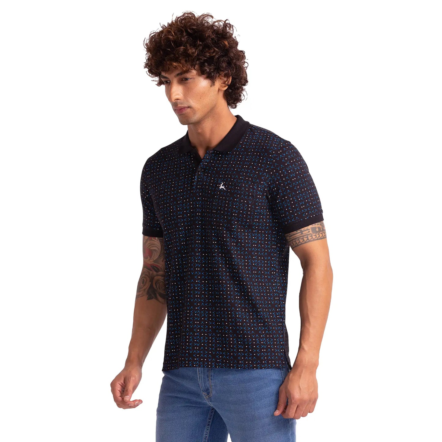Men Black Regular Fit Print Polyester Blend Round Neck Collar Polo T-Shirt