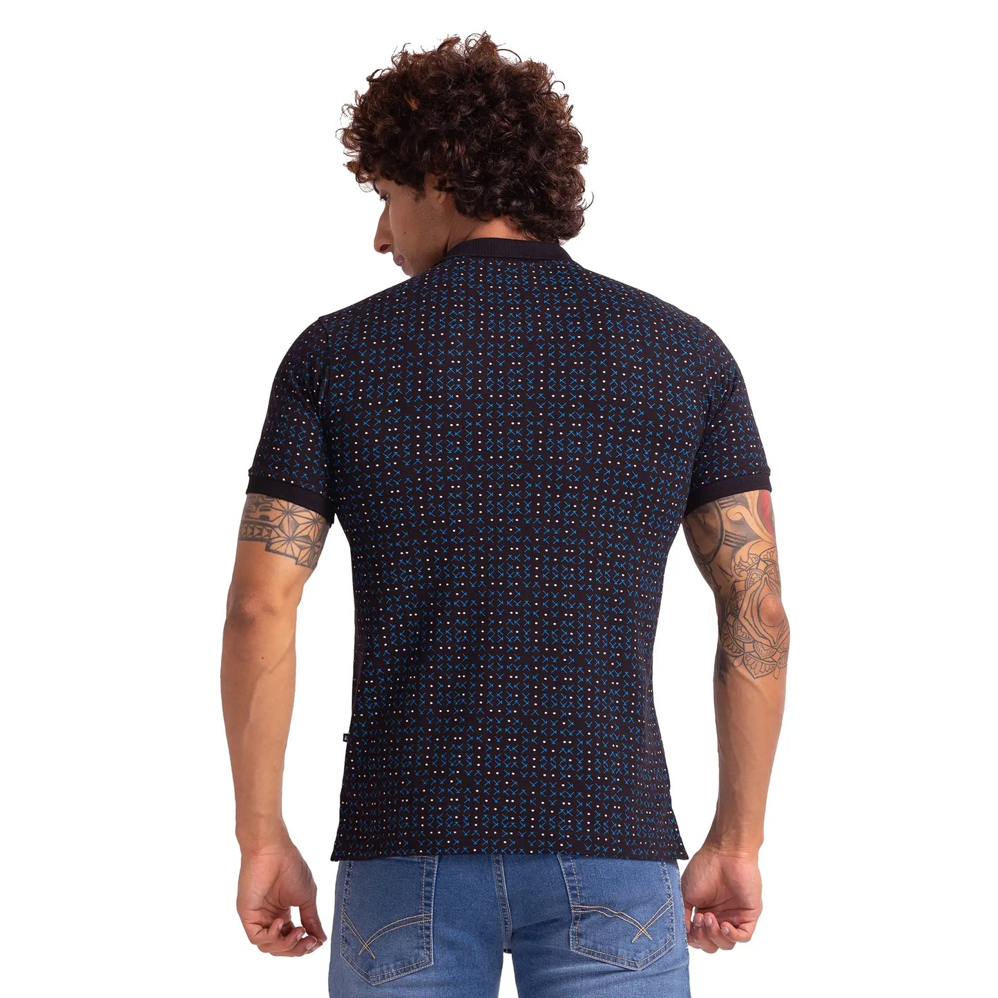 Men Black Regular Fit Print Polyester Blend Round Neck Collar Polo T-Shirt