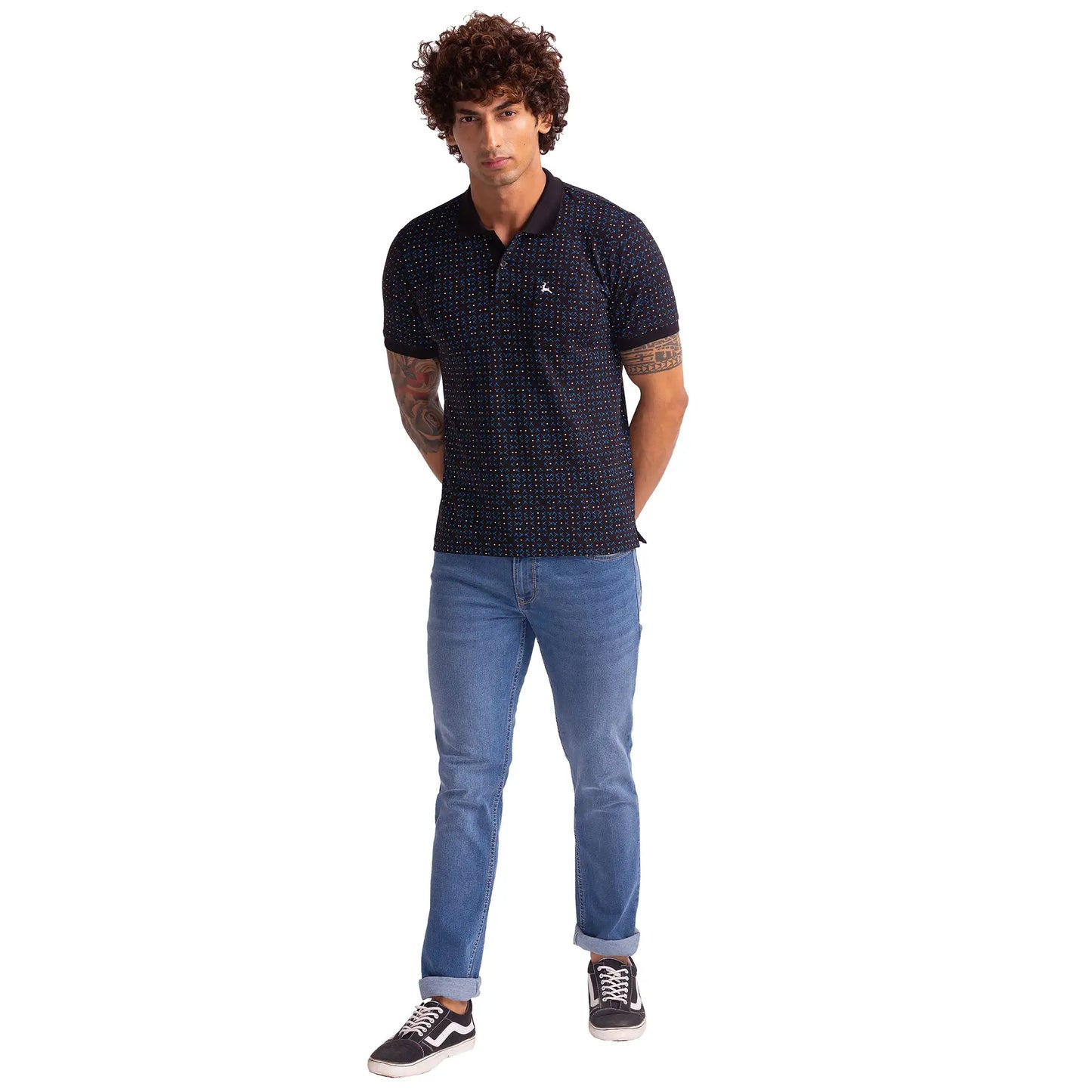 Men Black Regular Fit Print Polyester Blend Round Neck Collar Polo T-Shirt