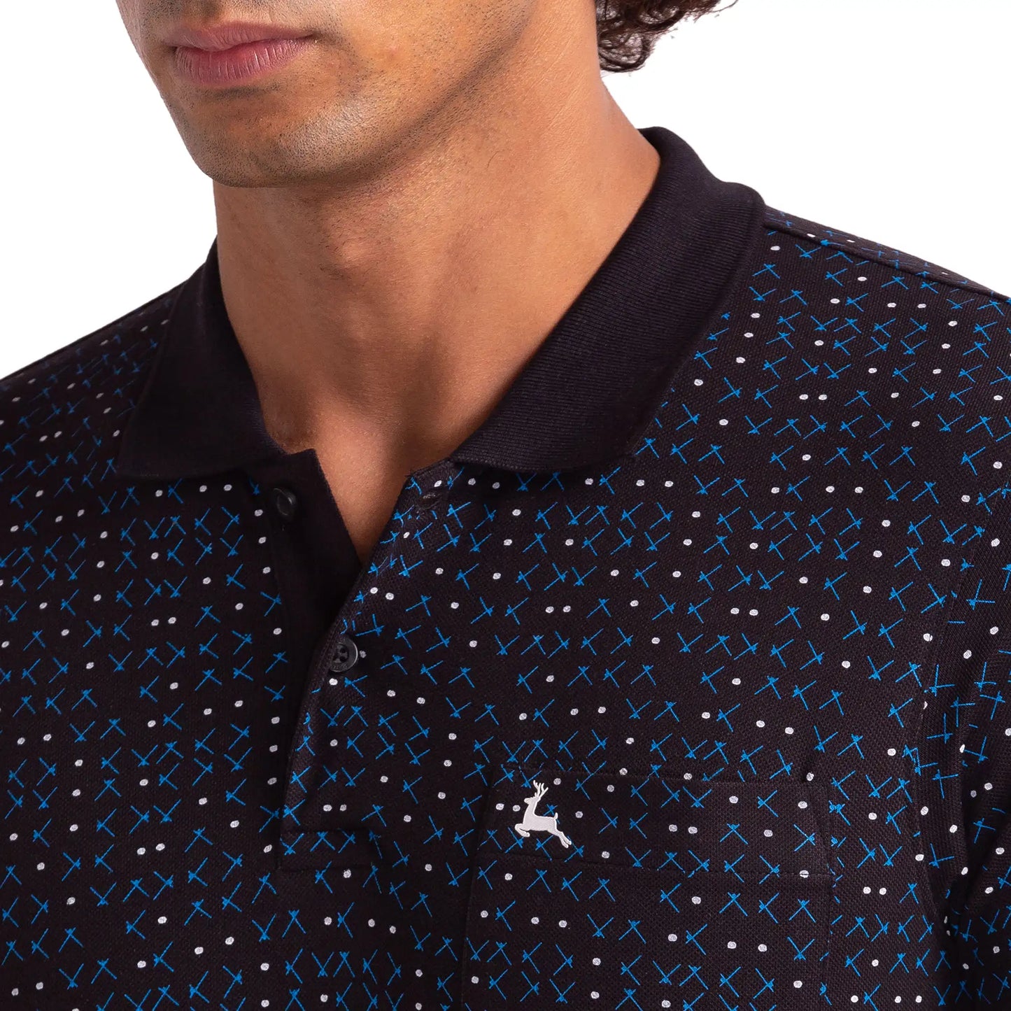 Men Black Regular Fit Print Polyester Blend Round Neck Collar Polo T-Shirt
