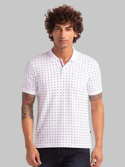 Men White Regular Fit Print Polyester Blend Round Neck Collar Polo T-Shirt