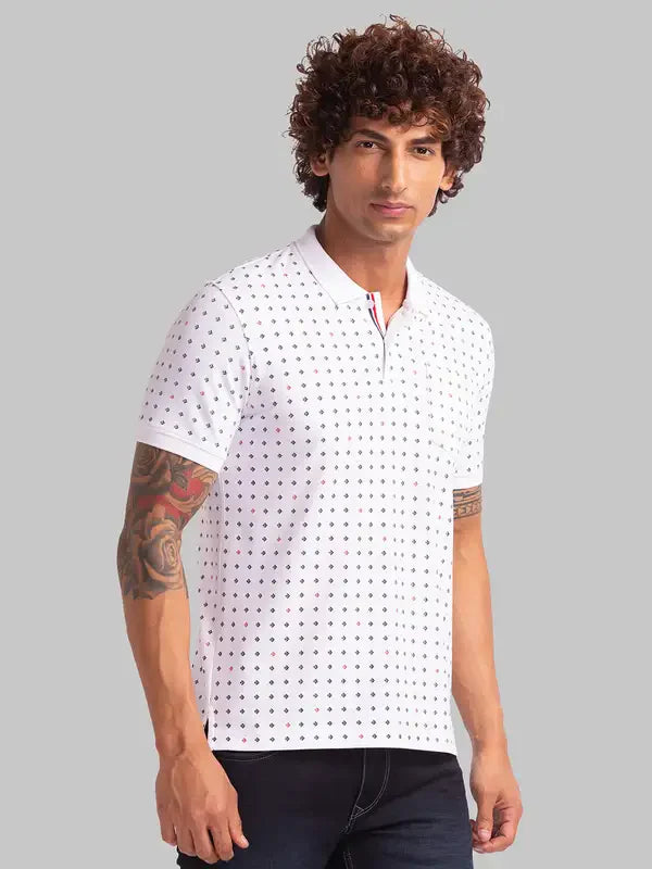 Men White Regular Fit Print Polyester Blend Round Neck Collar Polo T-Shirt
