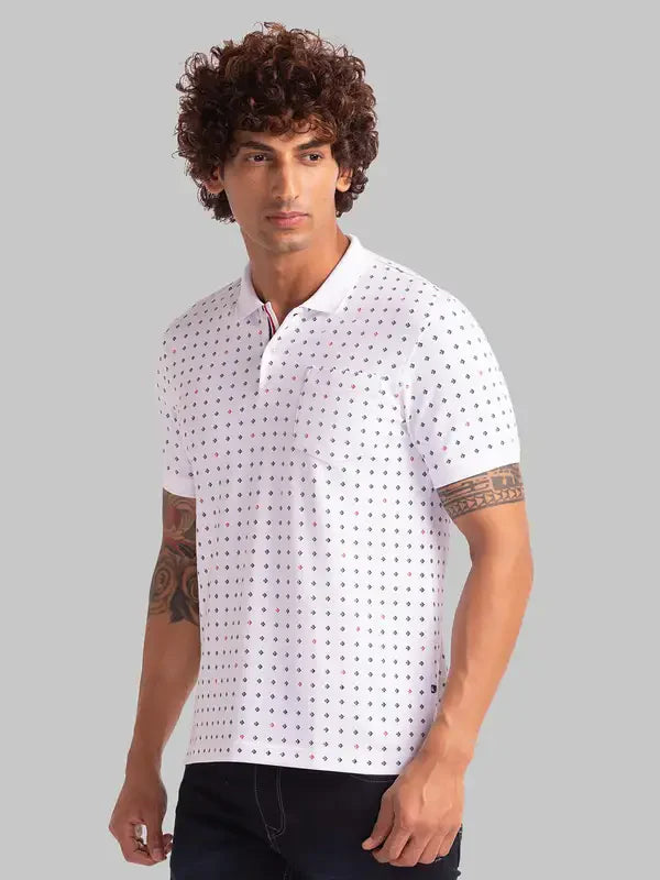 Men White Regular Fit Print Polyester Blend Round Neck Collar Polo T-Shirt