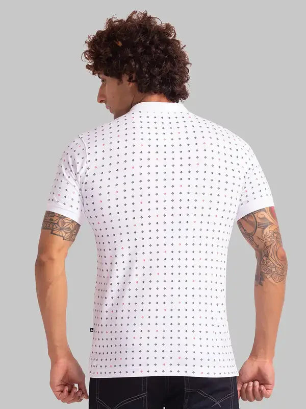 Men White Regular Fit Print Polyester Blend Round Neck Collar Polo T-Shirt
