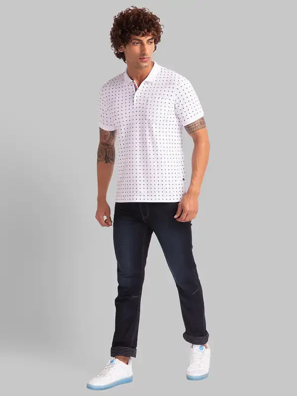 Men White Regular Fit Print Polyester Blend Round Neck Collar Polo T-Shirt