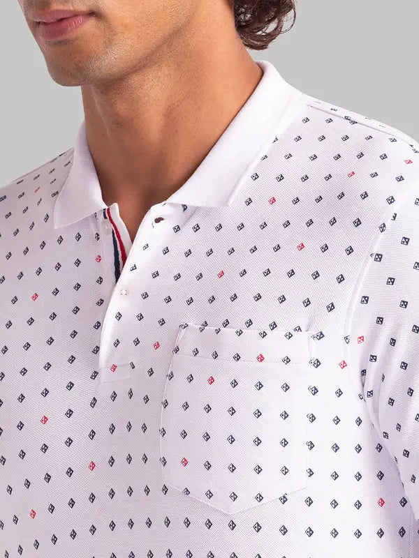 Men White Regular Fit Print Polyester Blend Round Neck Collar Polo T-Shirt