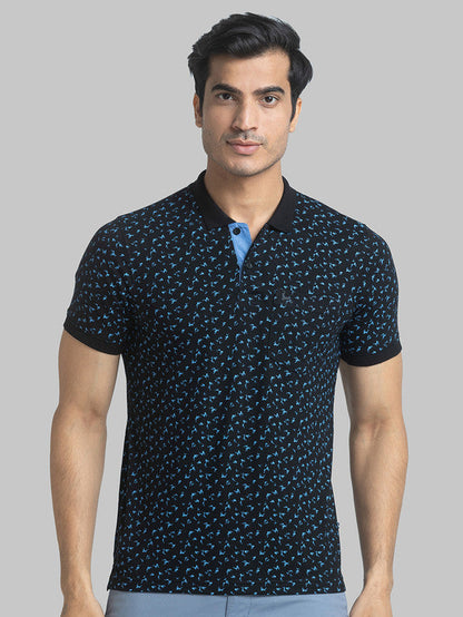 Parx Black Printed Regular Fit Cotton Blend T-Shirt