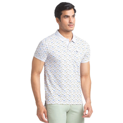 Men Grey Regular Fit Print Cotton Round Neck Collar Polo T-Shirt