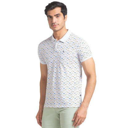 Men Grey Regular Fit Print Cotton Round Neck Collar Polo T-Shirt