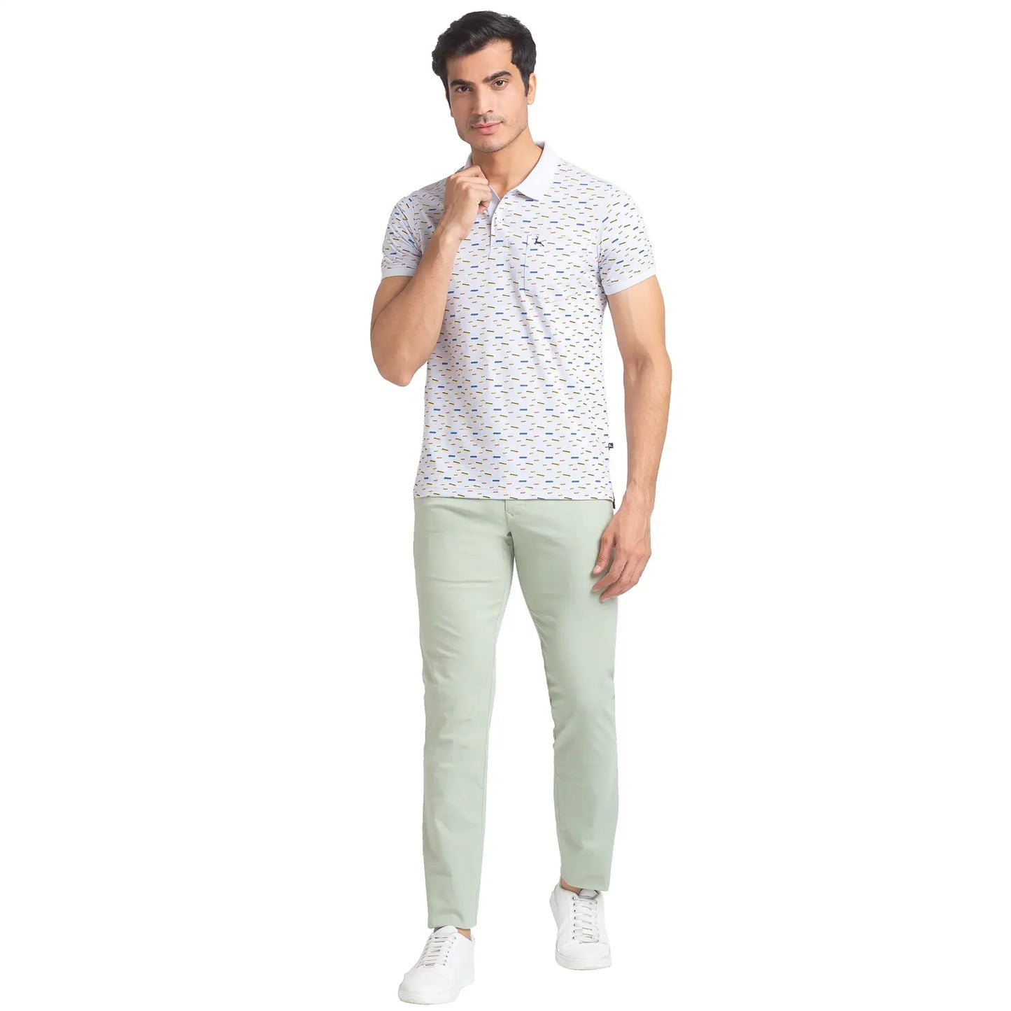 Men Grey Regular Fit Print Cotton Round Neck Collar Polo T-Shirt
