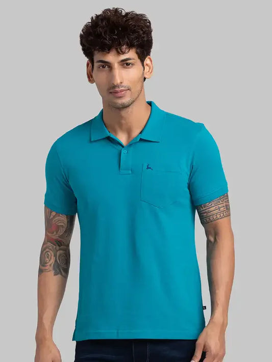 Men Green Regular Fit Solid Cotton Round Neck Collar Polo T-Shirt