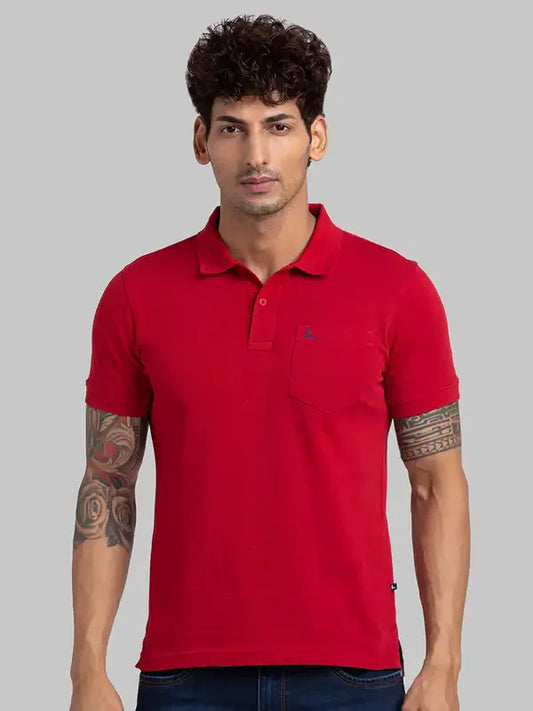 Men Red Regular Fit Solid Cotton Round Neck Collar Polo T-Shirt