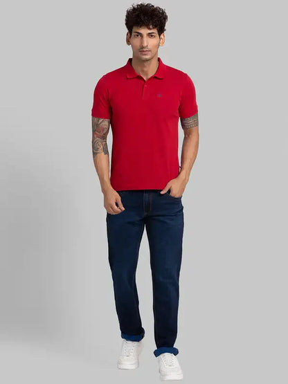 Men Red Regular Fit Solid Cotton Round Neck Collar Polo T-Shirt