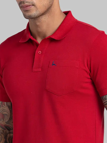 Men Red Regular Fit Solid Cotton Round Neck Collar Polo T-Shirt