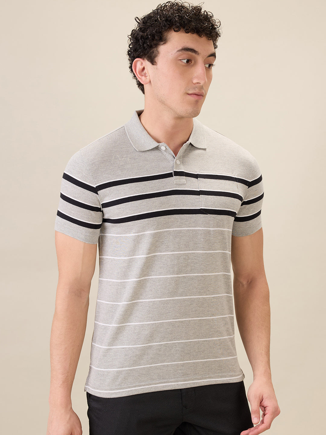 Parx Men Grey Yarn Dyed Regular Fit Cotton Blend Half Sleeve T-Shirt