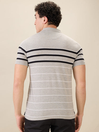 Parx Men Grey Yarn Dyed Regular Fit Cotton Blend Half Sleeve T-Shirt