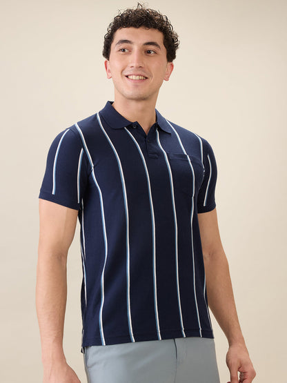 Parx Men Blue Yarn Dyed Regular Fit Cotton Blend Half Sleeve T-Shirt