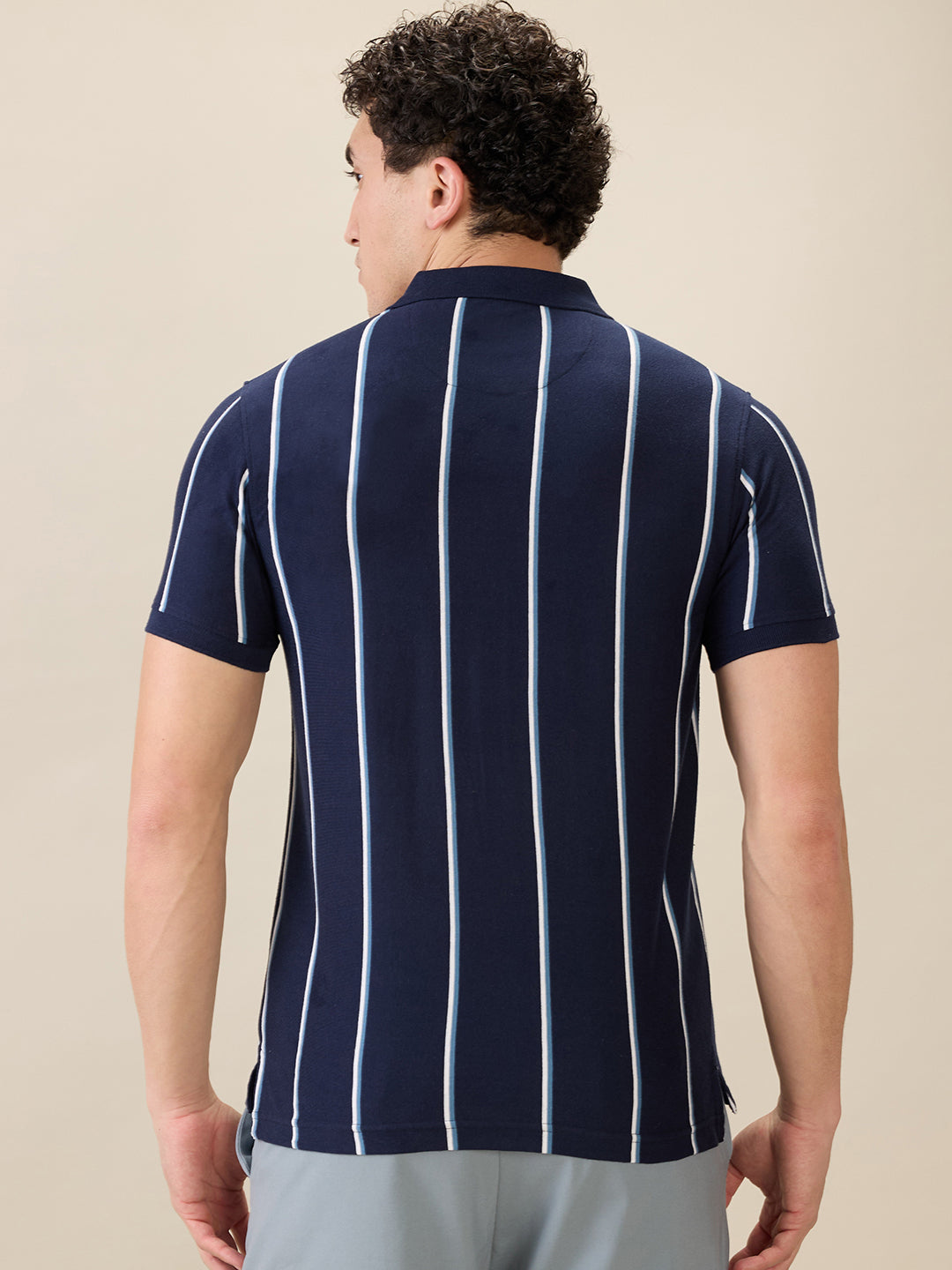 Parx Men Blue Yarn Dyed Regular Fit Cotton Blend Half Sleeve T-Shirt