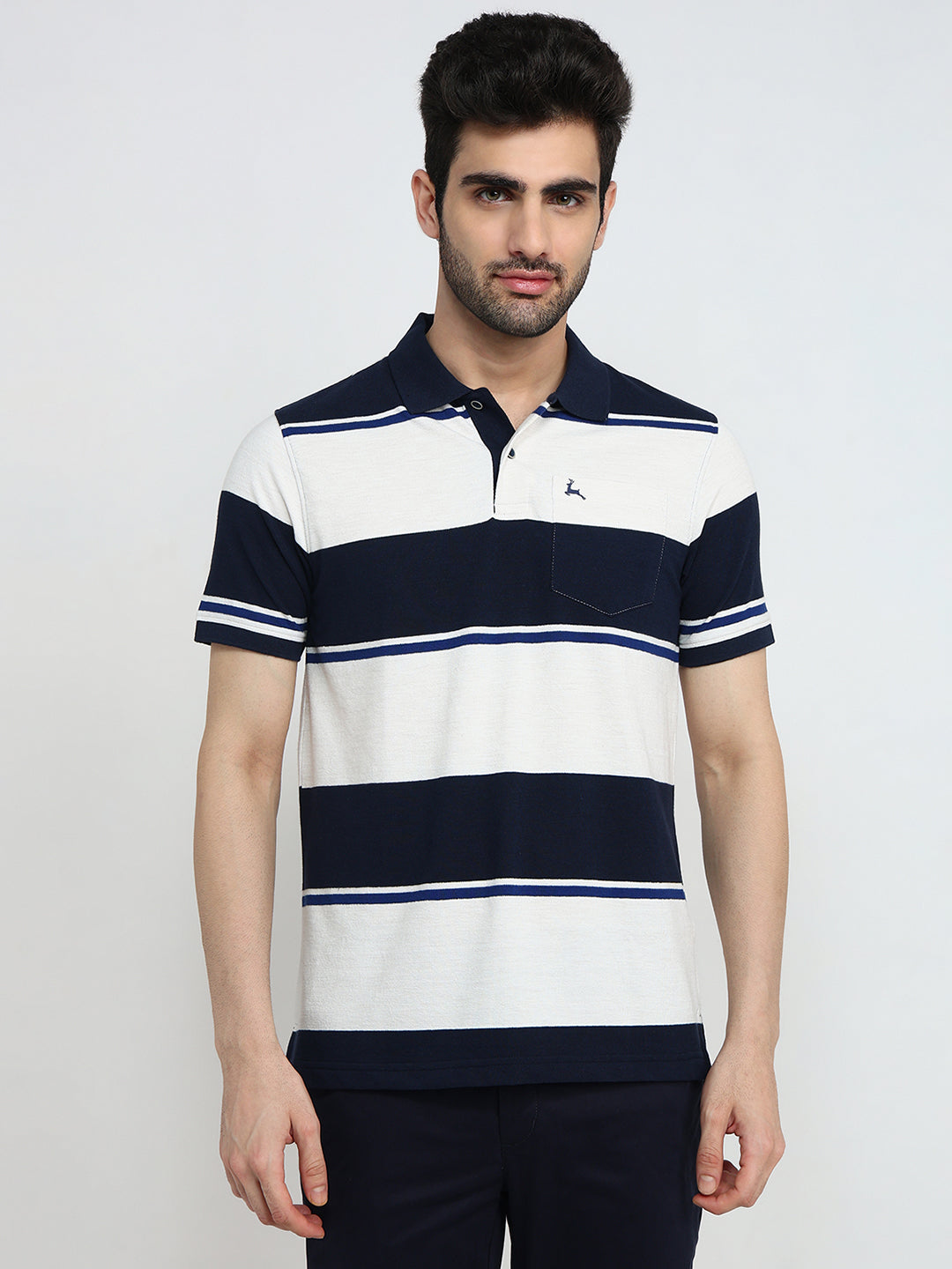 Parx Men Blue Yarn Dyed Regular Fit Cotton Blend Half Sleeve T-Shirt