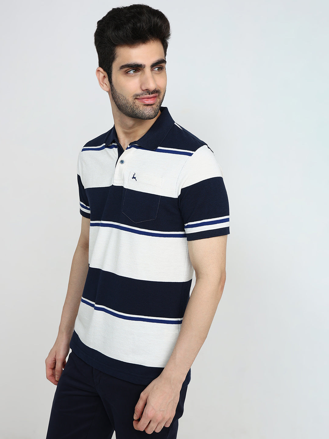 Parx Men Blue Yarn Dyed Regular Fit Cotton Blend Half Sleeve T-Shirt