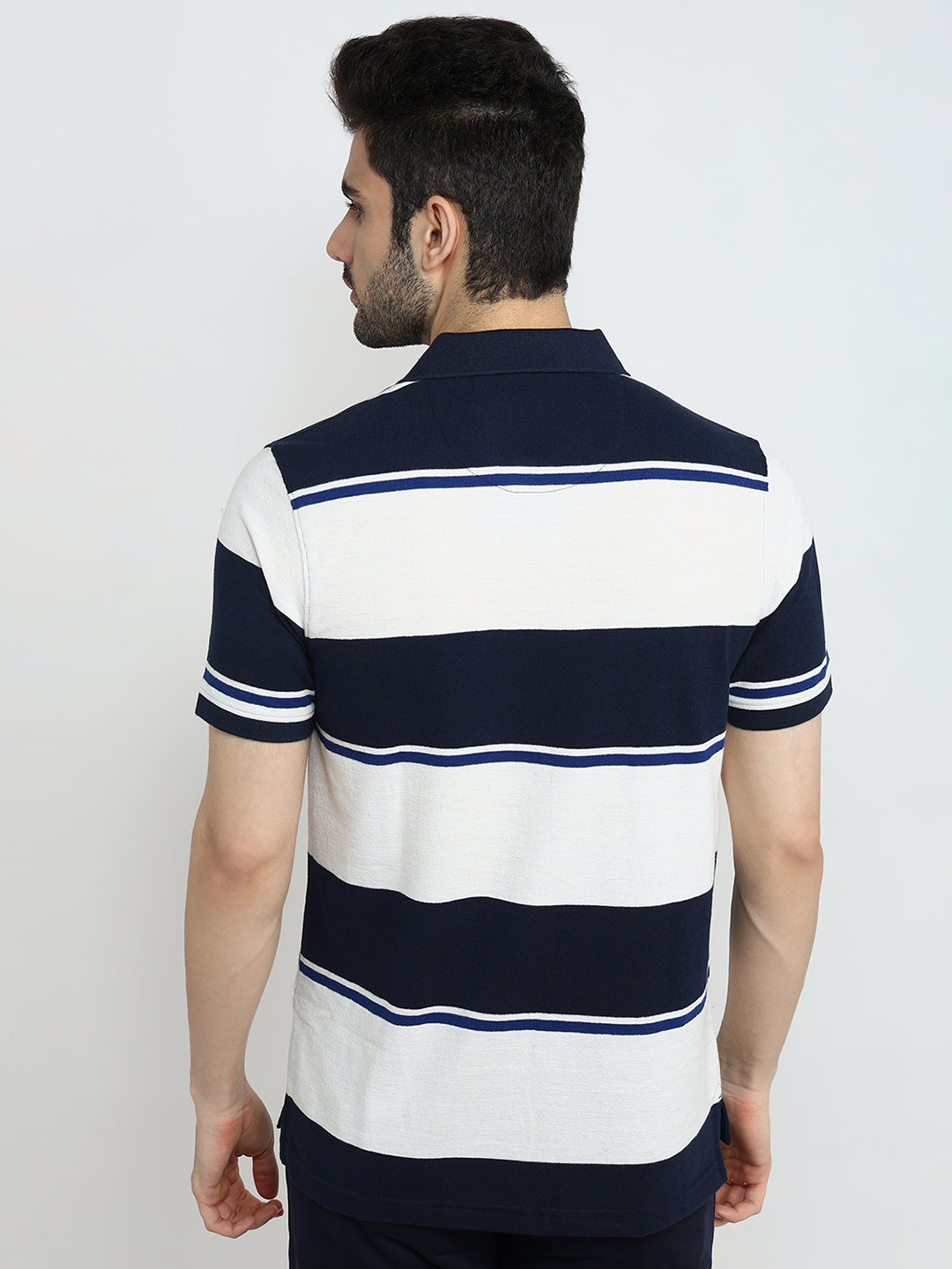 Parx Men Blue Yarn Dyed Regular Fit Cotton Blend Half Sleeve T-Shirt