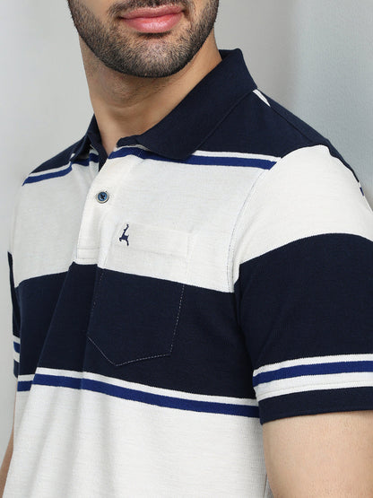 Parx Men Blue Yarn Dyed Regular Fit Cotton Blend Half Sleeve T-Shirt