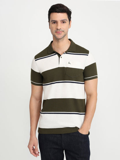 Parx Men Green Yarn Dyed Regular Fit Cotton Blend Half Sleeve T-Shirt