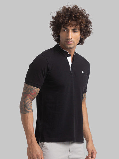Parx Men Black Regular Fit Solid Contrast Neck T-Shirt