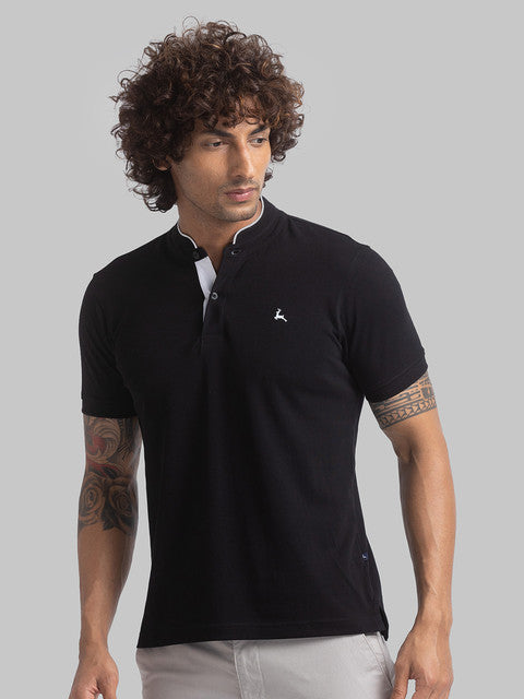 Parx Men Black Regular Fit Solid Contrast Neck T-Shirt