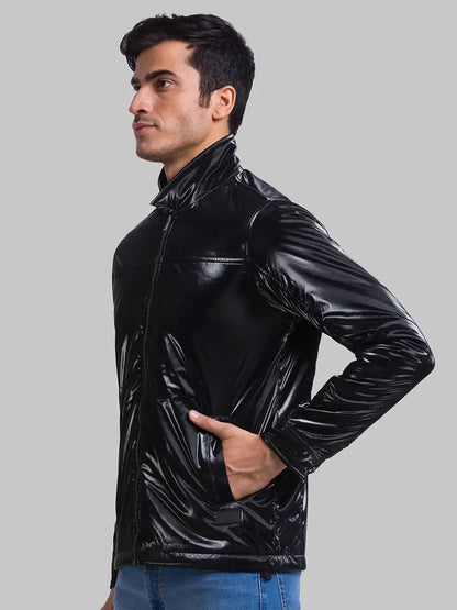 Men Black Solid Polyester Full Sleeve Jackets