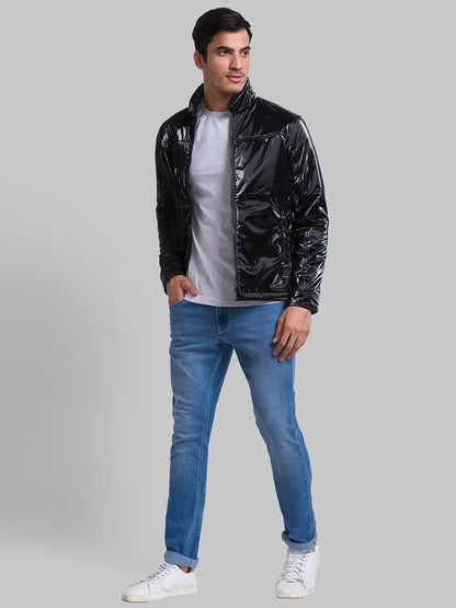 Men Black Solid Polyester Full Sleeve Jackets