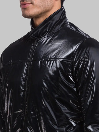 Men Black Solid Polyester Full Sleeve Jackets