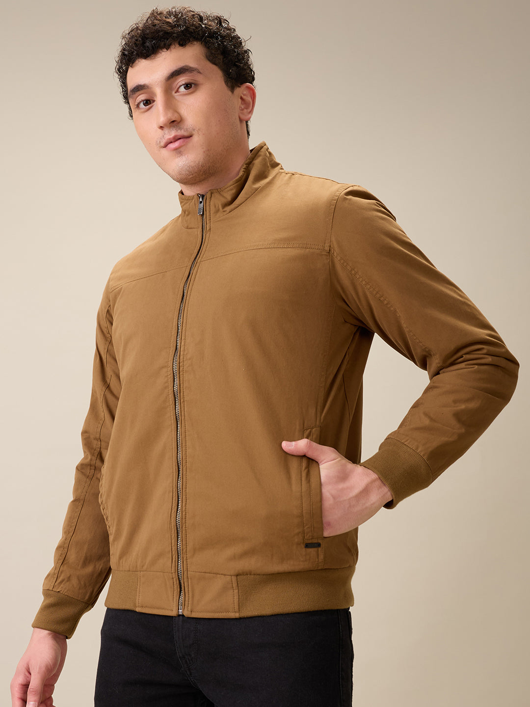 Parx Men Khaki Solid Cotton Full Sleeve Jacket