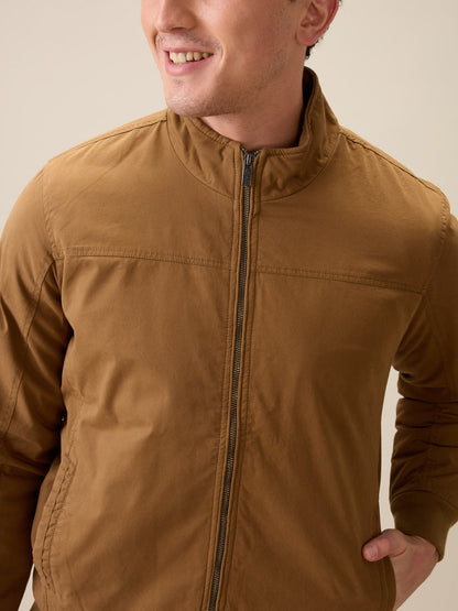 Parx Men Khaki Solid Cotton Full Sleeve Jacket