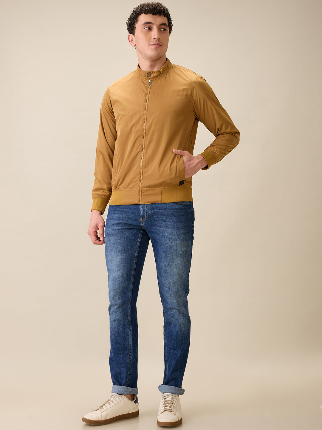 Parx Men Khaki Solid Polyester Full Sleeve Jacket