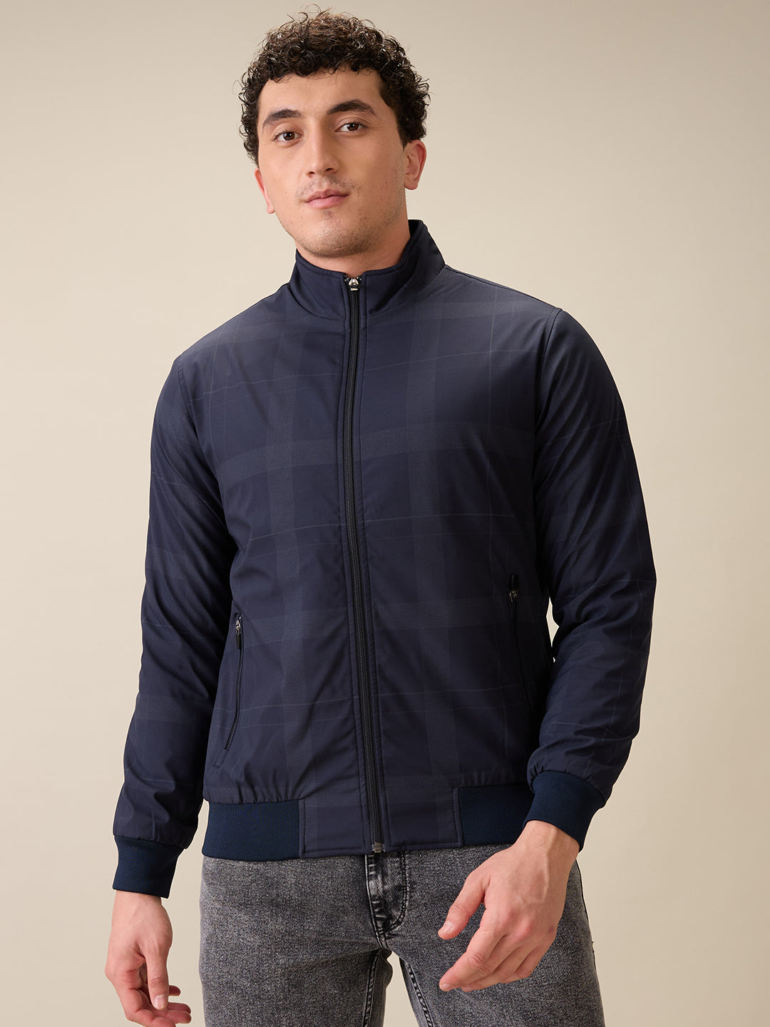 Parx Men Blue Printed Polyester Full Sleeve High Neck Collar Jacket