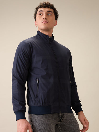 Parx Men Blue Printed Polyester Full Sleeve High Neck Collar Jacket