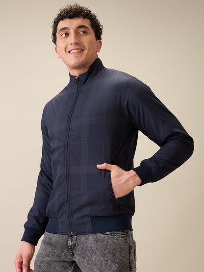 Parx Men Blue Printed Polyester Full Sleeve High Neck Collar Jacket