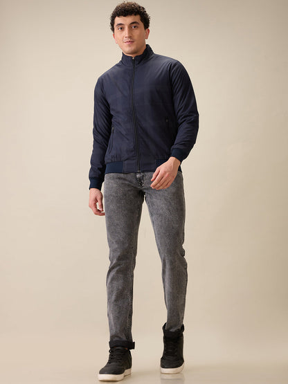 Parx Men Blue Printed Polyester Full Sleeve High Neck Collar Jacket