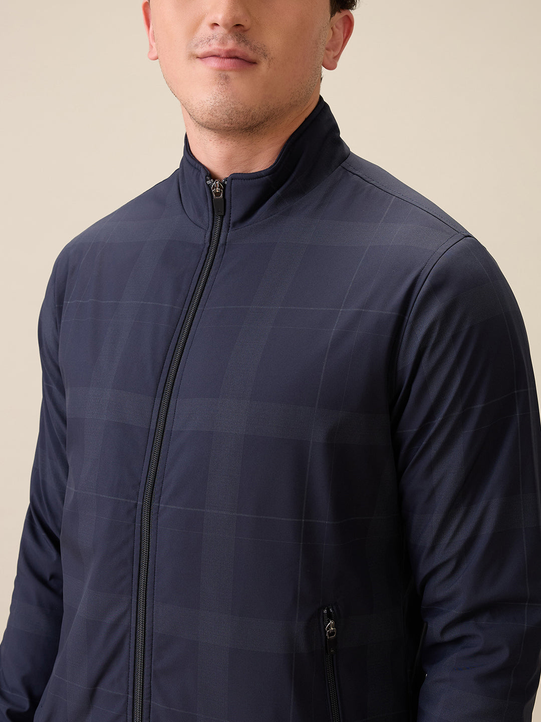 Parx Men Blue Printed Polyester Full Sleeve High Neck Collar Jacket