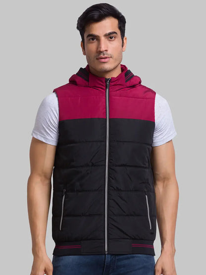 Men Black Cut & Sew Polyester Sleeveless Jackets