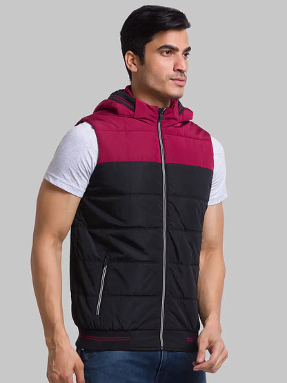 Men Black Cut & Sew Polyester Sleeveless Jackets