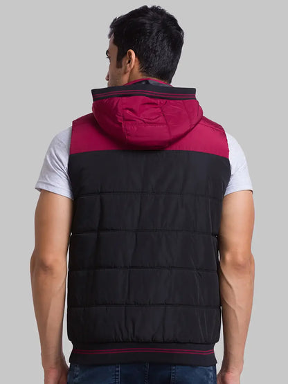 Men Black Cut & Sew Polyester Sleeveless Jackets
