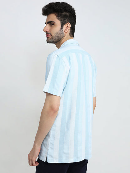 Parx Men Blue Stripe Slim Fit Cotton Half Sleeve Casual Shirt